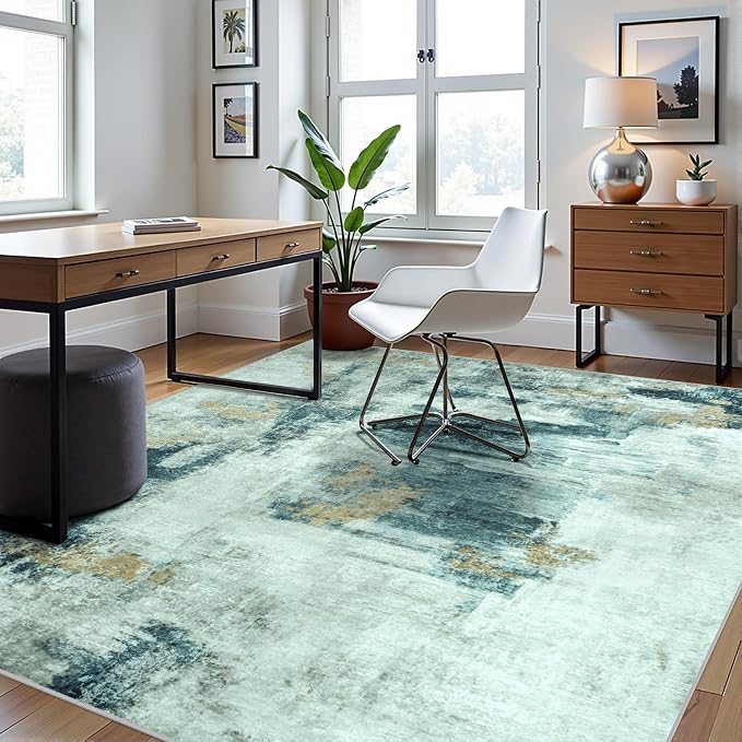 8x10 Area Rugs for Living Room Washable Bedroom Dining Room Teal Grey Gold | - Image 3