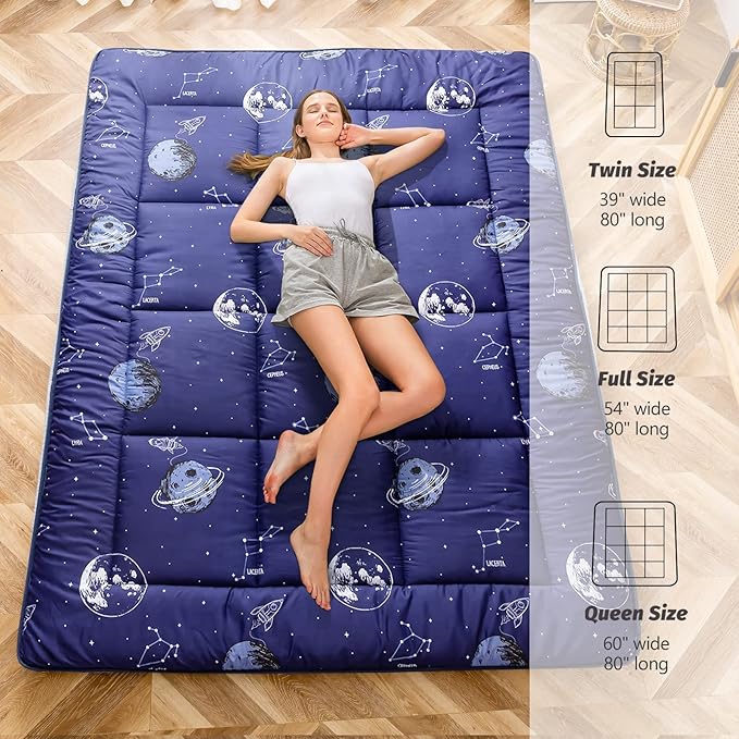 MAXYOYO Navy Space Adventure Futon Mattress, Padded Japanese Floor Mattress Quilted Bed Mattress Topper, Extra Thick Folding Sleeping Pad Floor Lounger Guest Bed for Camping Couch, Twin Size