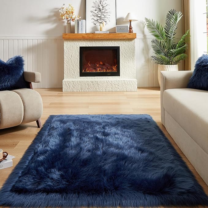 AMTOVO Faux Fur Sheepskin Rug for Living Room, 4 x 6 ft Dark Blue Fluffy Area - Image 2