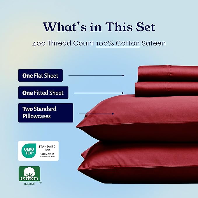 California Design Den Full Size Bed Sheets Set - Soft 400 Thread Count Sateen, Natural 100% Cotton Sheets with Deep Pockets, Breathable, Cooling and Durable Bedding Set - Bright True Red