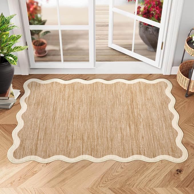 GarveeHome Scalloped Washable Rug 2x3 Kitchen Rugs Non Slip, Light Brown | Rugs - Image 2