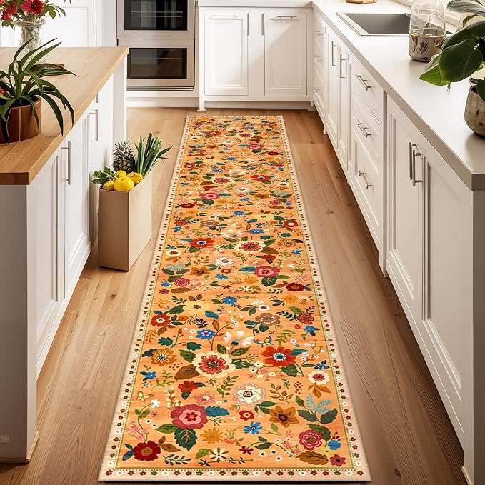 Floral Washable 2x6 Area Rugs Runner Entryway Hallway Yellow/Orange/Red | - Image 5