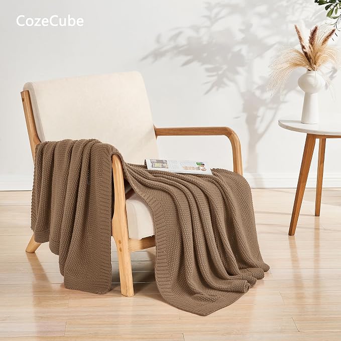 CozeCube Caramel Brown Seed Stitch Throw Blanket 50"x60", Farmhouse Decor | - Image 2