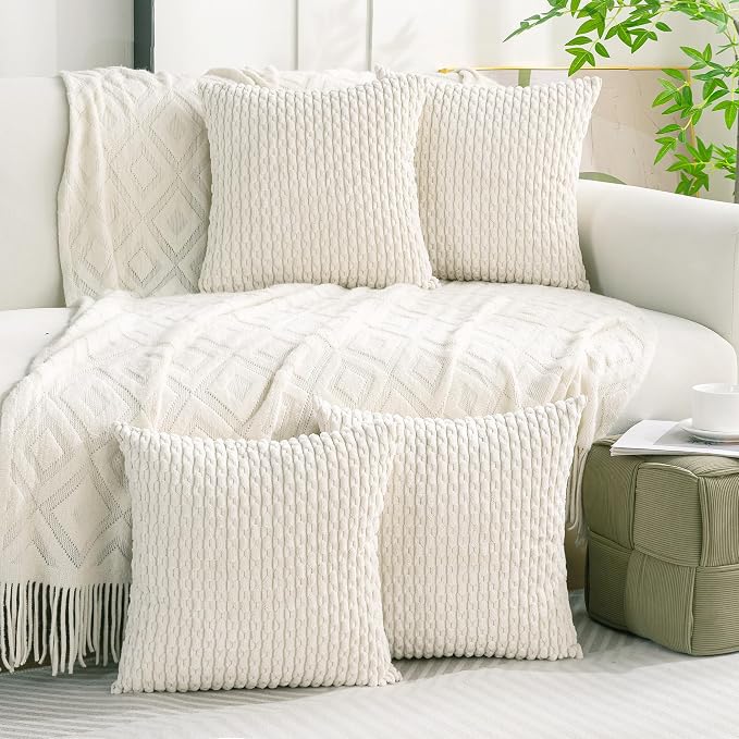 Set of 4 Cream White Decorative Throw Pillow Covers 16x16 Inch Corduroy Pillow - Image 9