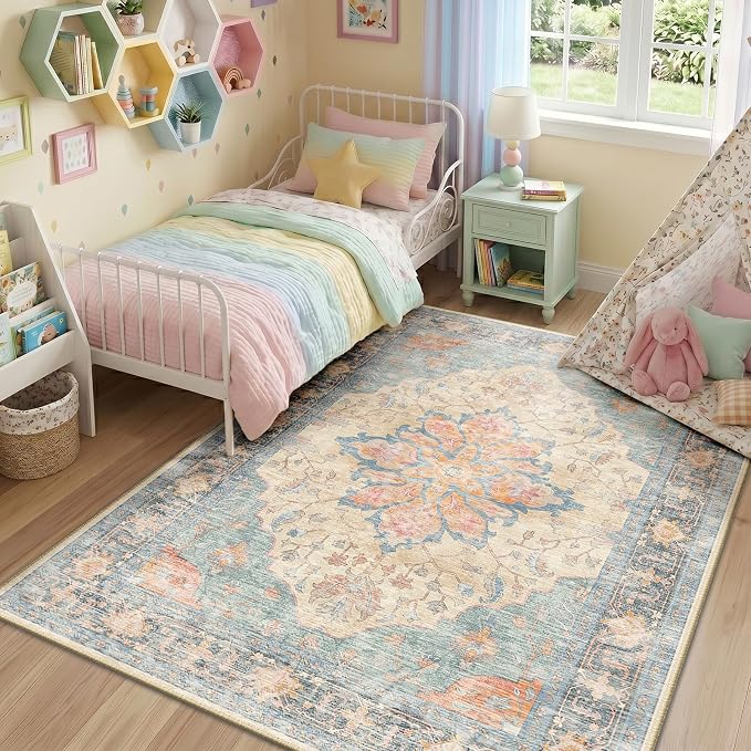 RELEANY Washable Area Rug, Water Repellent, Pet Friendly, Vintage Floral Boho - Image 2