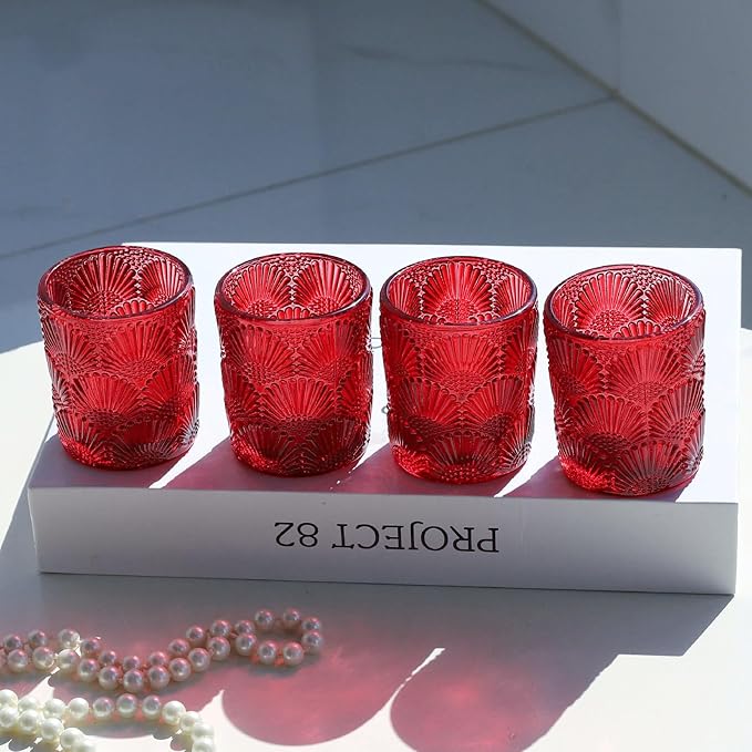 Woho Red Votive Candle Holders Set of 24 Boho Style, Ginkgo Leaves Pattern Tealight Candle Holder for Wedding Table Decor, Vintage Glass Tea Lights Candle Holder for Christmas/Vantines Day Decorations