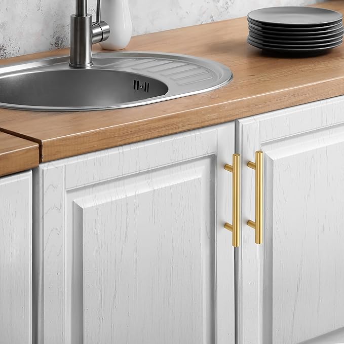 JOY DECOR 45 Pack Cabinet Handles, Gold Cabinet Pulls, 4 in Hole Center Kitchen Cabinet Handles, Stainless Steel T Bar Handles for Dresser Drawers