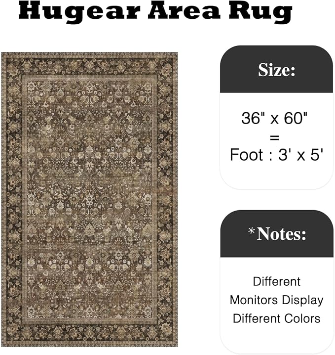 3x5 Brown Vintage Floral Washable Area Rug - Image 2
