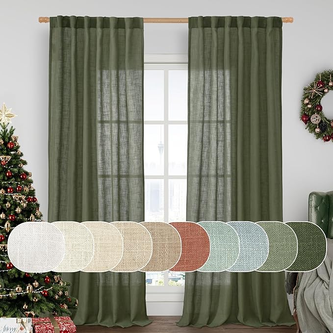 Olive Green Linen Curtains for Living Room Bedroom, 52 x 108 Inch | Light by LAMIT