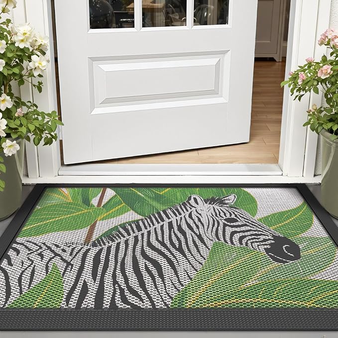 LUMI Outside Welcome Door Mat 17x30, Non-Slip Durable Rubber Easy Clean | Zebra - Image 3