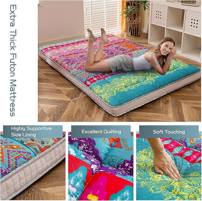 MAXYOYO Queen Futon Floor Mattress Shikibuton Sleeping Mats for Adults, Floor Futon with High-Density Foam, Portable Mattress for Living Room, Guest Room, Bohemian B
