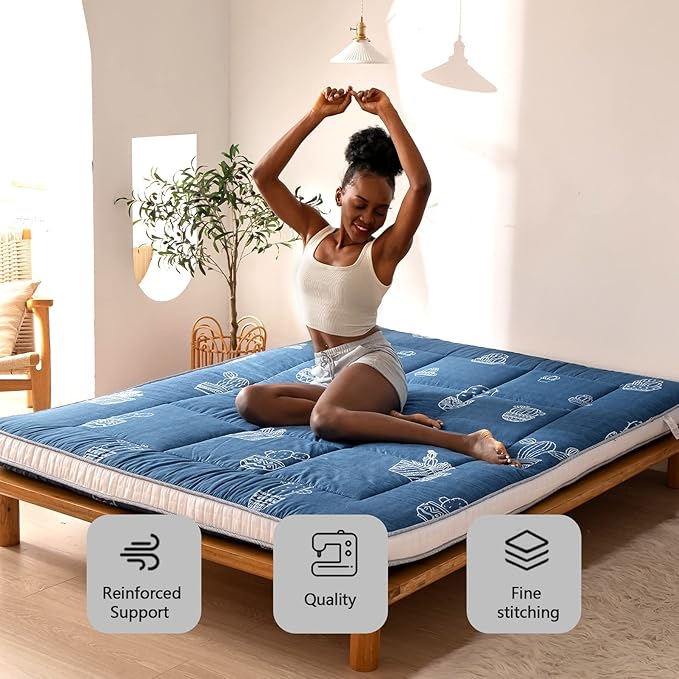 MAXYOYO Grey Cactus Pattern Full Size Futon Mattress, Quilted Bed Mattress Topper, Extra Thick Folding Sleeping Pad, Breathable Floor Lounger, Guest Bed for Camping, Couch
