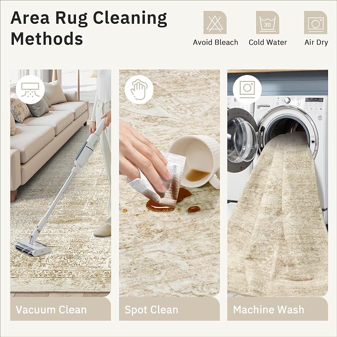 Soalmost 5x7 Area Rugs Beige/Ivory Washable Trendy Faded Style Floral Rugs | - Image 5