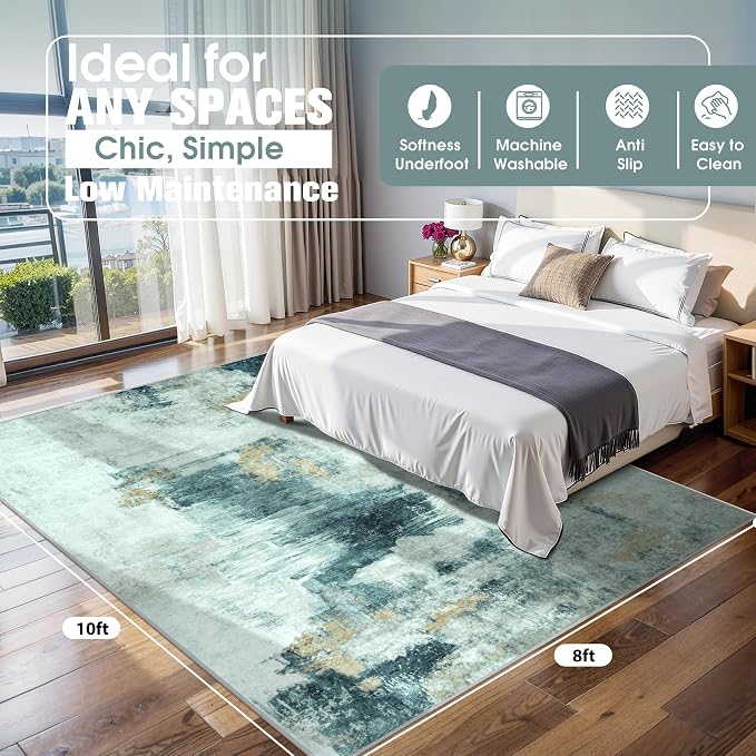 8x10 Area Rugs for Living Room Washable Bedroom Dining Room Teal Grey Gold | - Image 2