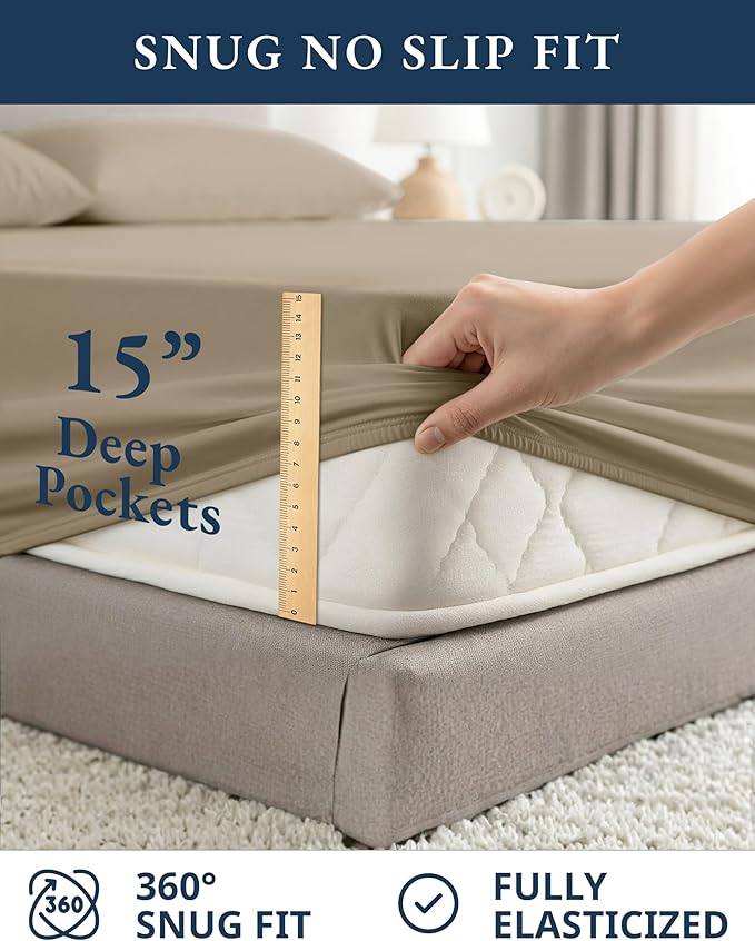 LANE LINEN 100% Organic Cotton Sheets Set Pure Long- Staple Percale Weave - Bedding for Bed Fits Mattress Upto 15" Deep Pocket (Queen Taupe)