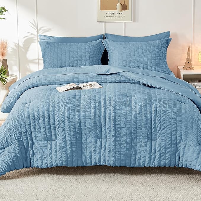 HYMOKEGE Mineral Blue Full Size Comforter Sets Seersucker 7 Pieces, All Season Luxury Bed in a Bag for Bedroom, Bedding Set with Comforter, Sheets, Pillowcases & Shams