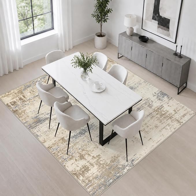 Area Rug Living Room: 5x5 Modern Washable Soft Carpet Beige Brown | - Image 4