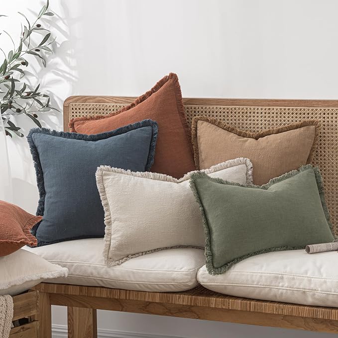 MIULEE Linen Fringe Decorative Fall Euro Throw Pillow Covers Brick 24x24 | Set - Image 5