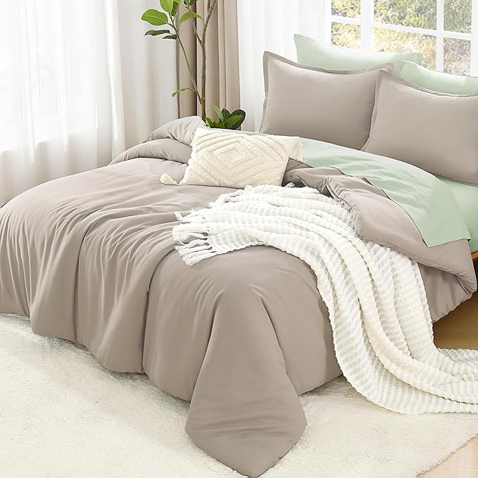 Litanika Oatmeal Comforter Queen Size, 3 Pieces Lightweight Solid Bedding Comforter Set, All Season Fluffy Bed Set (90x90In Comforter & 2 Pillowcases)