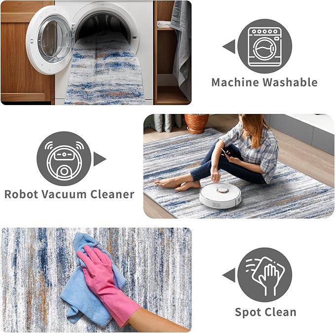 4x9 Wide Washable Runner Rug: Easy-to-Clean Runners Navy Grey | Stain & Water - Image 3