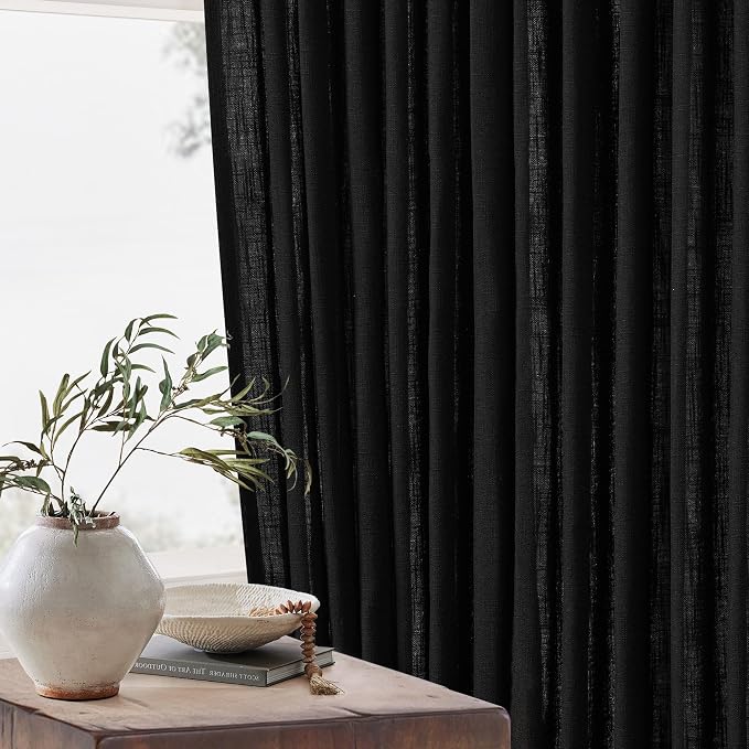 Black Pinch Pleated Linen Semi Sheer Curtains 45 Inch Length 2 Panels Set | - Image 6