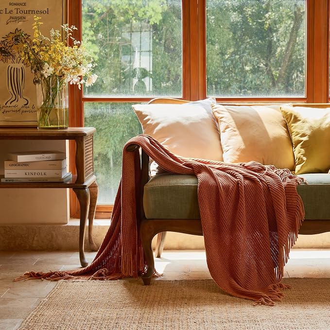 lifein Throw Blanket for Couch, Soft Boho Bed Throw, Cozy Burnt Orange Chenille - Image 2