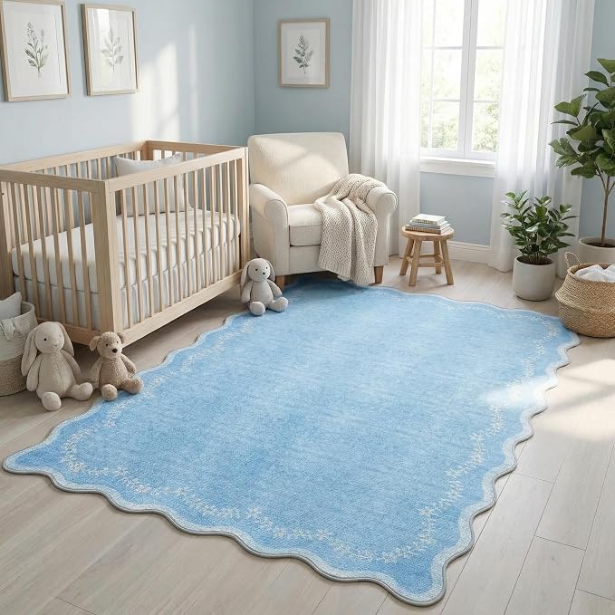 GarveeHome 4x6 Scalloped Washable Area Rug Blue Nursery Kids Bedroom Rug | Soft - Image 8