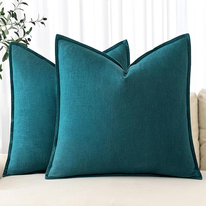MIULEE Decorative Linen Euro Sham Pillow Covers 24x24 Teal Blue | Boho by MIULEE