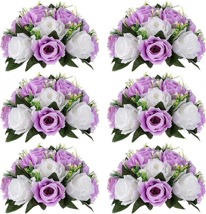 NUPTIO Flower Wedding Centrepieces for Tables - 6 Pcs 9.5in Diameter Lilac & White Artificial Flowers Rose Ball for Centerpieces Table - Fake Rose Arrangements for Weddings Birthday Party Decor