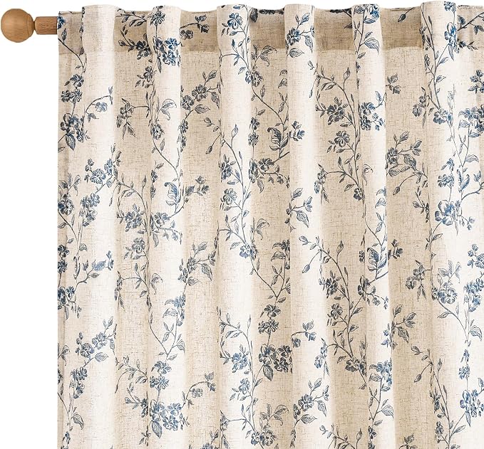 Extra Long Blue Vintage Floral Linen Curtains Farmhouse 2 Panels | Elisa Series by Lazzzy