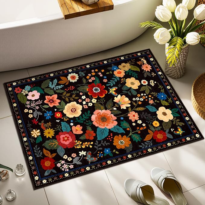 RELEANY Floral Washable 2x3 Area Rugs Doormat Black | Flower Carpet Print Boho - Image 7