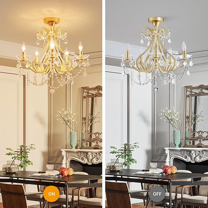 WUZUPS 5-Light Crystal Candle Chandelier Flushmount Ceiling Light Modern Lighting Fixture for Bedroom Hallway Bar Kitchen Bathroom, H 20.9" W 22", E12 Base, Gold
