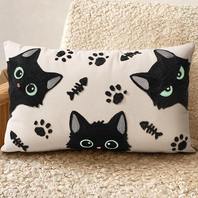 Embroidered Lumbar Pillow Cover 20x12 Inch, Cat Bone | Decorative Throw Pillow by Kokaaee