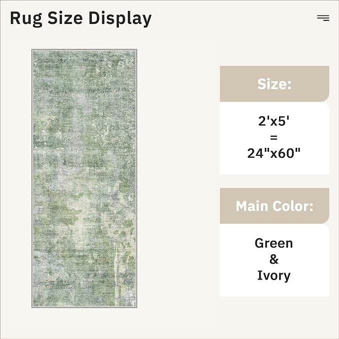 Soalmost Abstratc Runner Rug 2x5 Washable Kitchen Entry Runners Green/Ivory | - Image 5