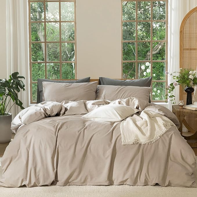 MooMee Bedding Duvet Cover Set 100% Washed Cotton Linen Like Textured Breathable Durable Soft Comfy (Heathered Taupe, Full 80"x90")