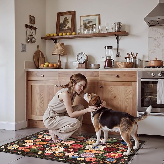 Floral Machine Washable Rug 3x5 Espresso | Non Slip Soft Bedroom Rug - Image 5