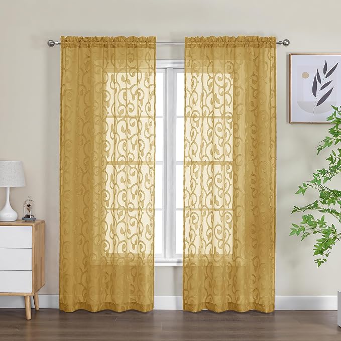 Furman Semi Sheer Curtains 72 Inch Length 2 Panels Set, Jacquard Pattern Rod - Image 2