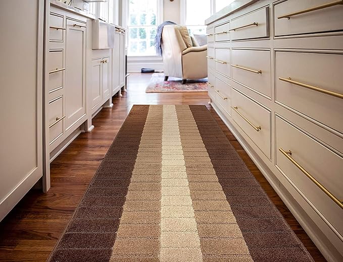 Custom Size Modern Geometric Pattern Carpet Runner Rug for Hallways, Slip Resistant Latex Rubber Backed, 31 inch Wide X Customized Length, Squares Brown, 31 inch X 13 feet