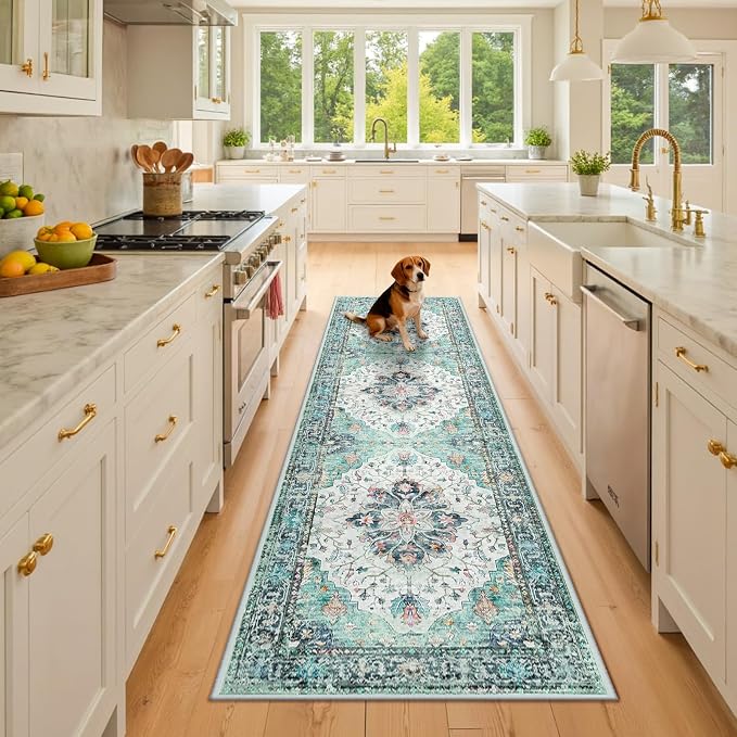 RELEANY Washable Area Rug, Runner 2'x8', Teal Green/White/Navy | Non-Slip by RELEANY