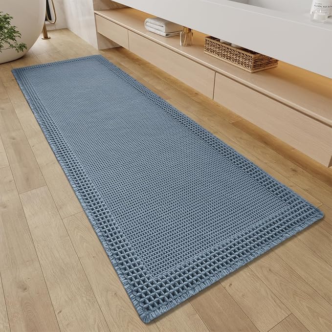 RESARE Waffle Bathroom Runner Rugs, Non Slip Boho Bath Mat 24"x60" Blue | Long by Resare