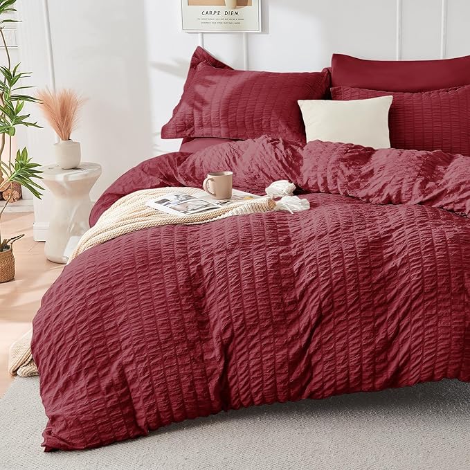 HYMOKEGE Burgundy Full Size Comforter Sets Seersucker 7 Pieces, All Season Luxury Bed in a Bag for Bedroom, Bedding Set with Comforters, Sheets, Pillowcases & Shams