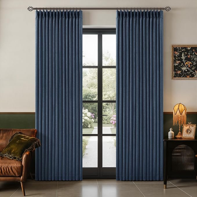 100% Black Out Pinch Pleated Linen Boho Curtains Navy Blue 80 Inch Length | by Twodrapes