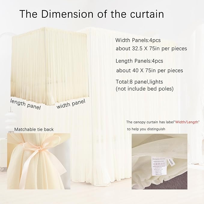 Akiky Ivory Canopy Bed Curtains with Lights 8 Panel Canopy Curtains Drapes for Full Queen Size Bed Large Rod Pocket Sheer Canopy Bed Drapes