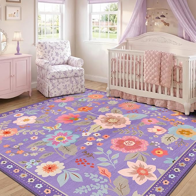 RELEANY Floral Washable Square 5ft Area Rug Purple/Pink | Flower Carpet Print - Image 7