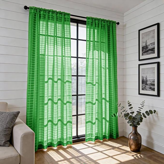 SpaceDresser Check Sheer Curtains 45 Inches 2 Panels Set, Rod Pocket Plaid - Image 4