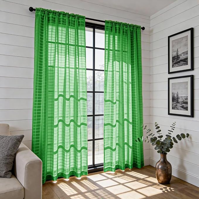 SpaceDresser Check Sheer Curtains 63 Inches 2 Panels Set, Rod Pocket Plaid - Image 4