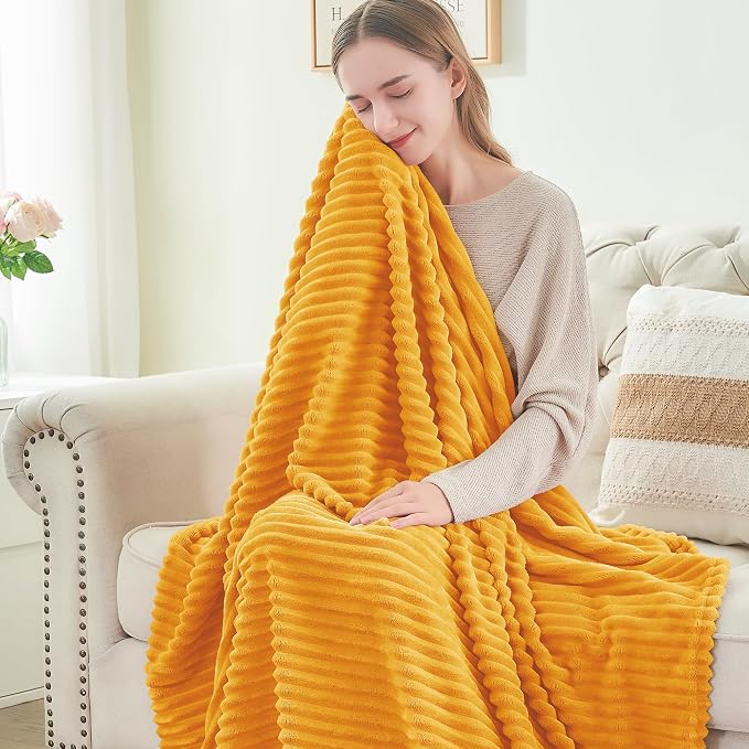 BEDELITE Ribbed Mustard Yellow Fleece Throw Blanket - Image 4