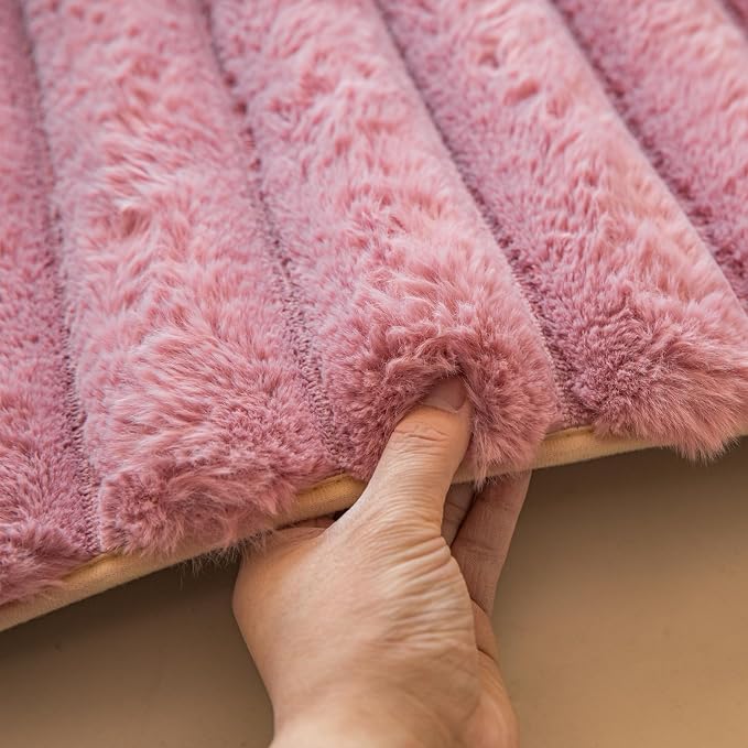 Dusty Rose Rabbit Striped Plush Rug 2'x3', Fluffy Shaggy Area Rug - Image 3