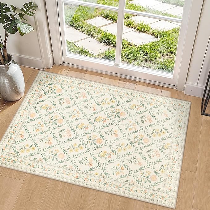 PLHXFR 2x3 Small Entryway Rug: Floral Washable Indoor Carpet Beige Multi | by PLHXFRSoftAreaRugs