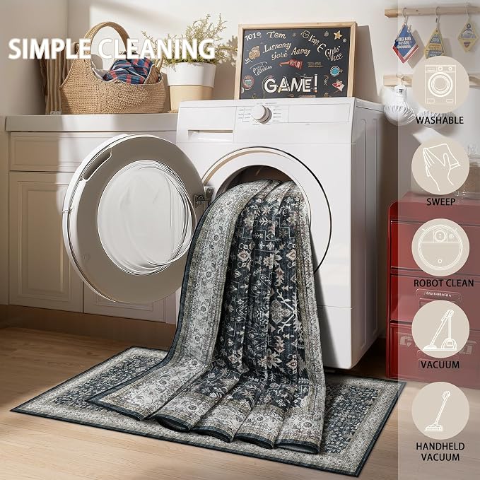 Grey Area Rug 9x12 for Living Room Bedroom | Low Pile;Machine Washable; Soft; - Image 4
